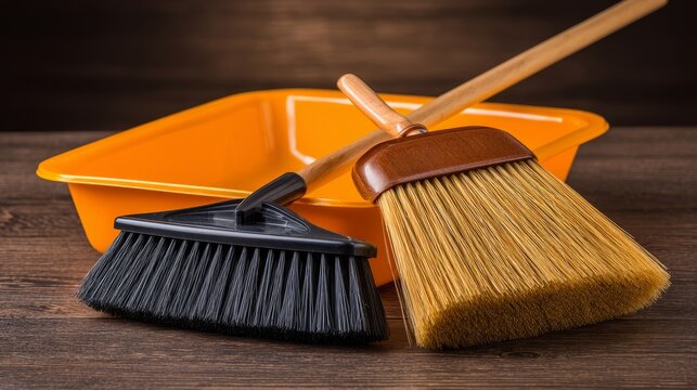 Household cleaning concept with plastic dust pan holding dirt after sweeping, highlighting hygiene, tidiness, and domestic chores