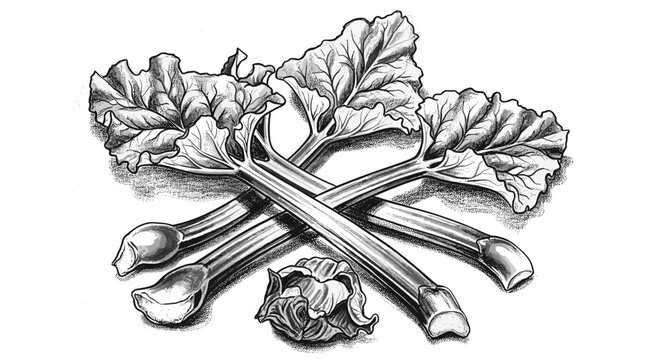 Detailed illustration of fresh rhubarb stalks with large leaves, a classic garden vegetable