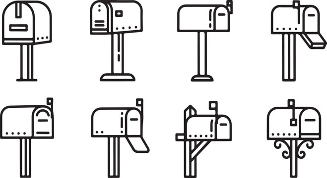 A collection of eight different types of mailboxes in a row Vector