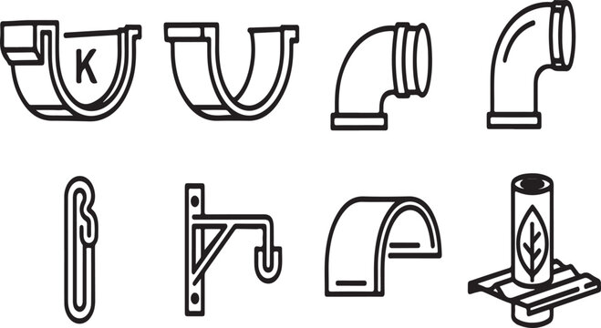 Illustrations of various pipe fittings and connectors for plumbing systems Vector