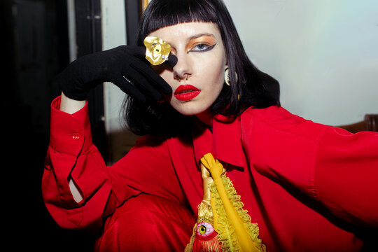 woman in red clothes