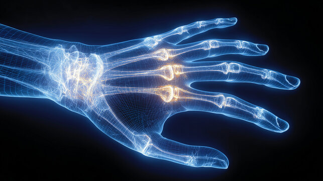 Ai Hand scan with digital representation of bones and joints showing anatomy in bright blue against a dark background