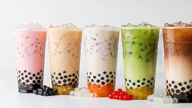 Colorful assortment of boba tea in clear cups with ice, on a clean white surface