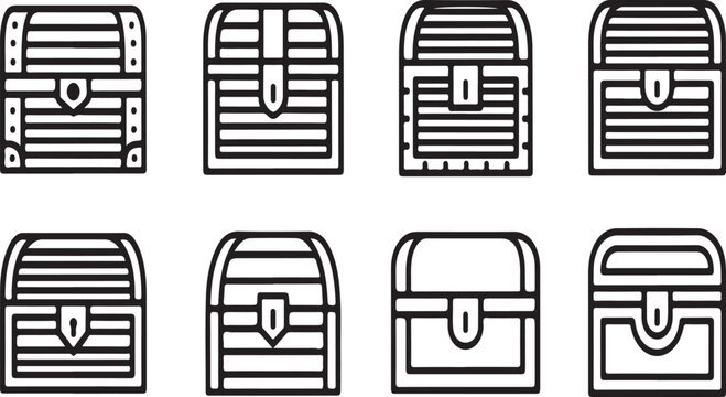 Eight different types of treasure chests with varied designs and features Vector