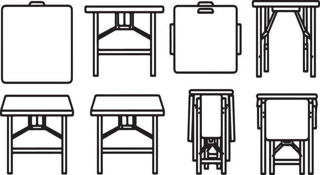 Various styles of furniture and storage units depicted in black and white line drawings. Vector