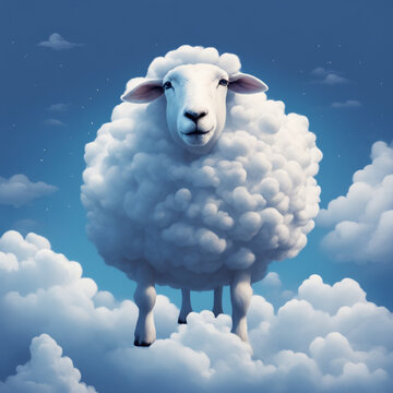 A sheep formed entirely from white cumulus clouds floating in a deep blue sky. Soft fluffy edges, dreamlike atmosphere, surrealism, minimalism, wide angle shot, 'counting sheep' concept for sleep apps