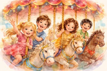 Obraz premium Watercolor illustration of happy children riding a carousel at an amusement park. concept of joyful childhood, playful fun, amusement park ride excitement.