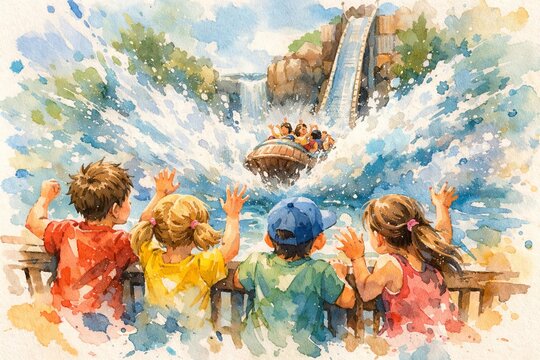 Watercolor illustration of children watching log flume ride splash at amusement park with excitement on a sunny day. concept of fun, thrill, family outing