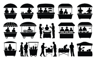 Diverse street food vendors and market scenes in black and white silhouettes