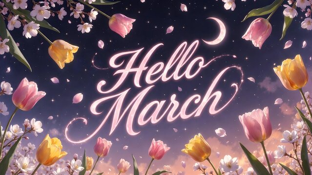 Magical Hello March Typography with Glowing Script, Spring Tulips and Crescent Moon in Starry Night Sky