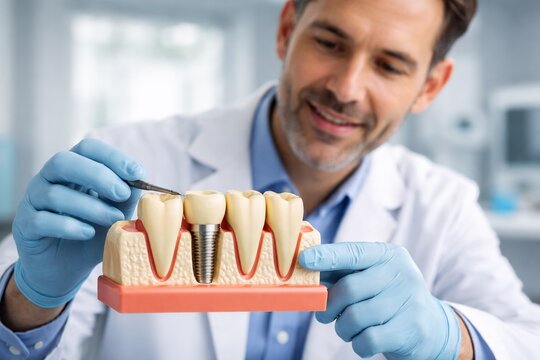 Dentista utilizando modelo anat&oacute;mico para explicar problemas dentales comunes e implante dental con detalle de tornillo y corona en consulta odontol&oacute;gica profesional