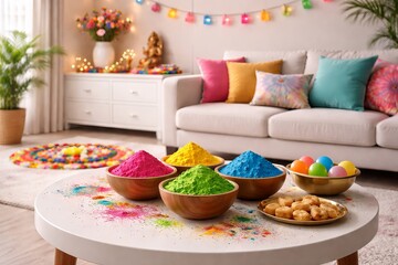 Vibrant Holi celebration setup with bowls of colorful powder, sweets, and decorations in a bright living room for festival greeting card