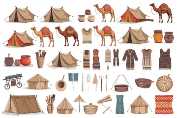 Assorted vintage desert camping and nomadic lifestyle illustrations
