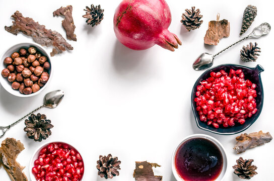 Assortment of natural foods and decor on white background