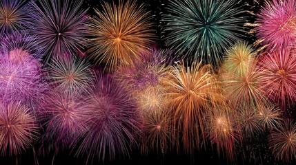 Fototapeta premium Colorful display of fireworks at night creating a vibrant celebration atmosphere with various explosive patterns in the sky