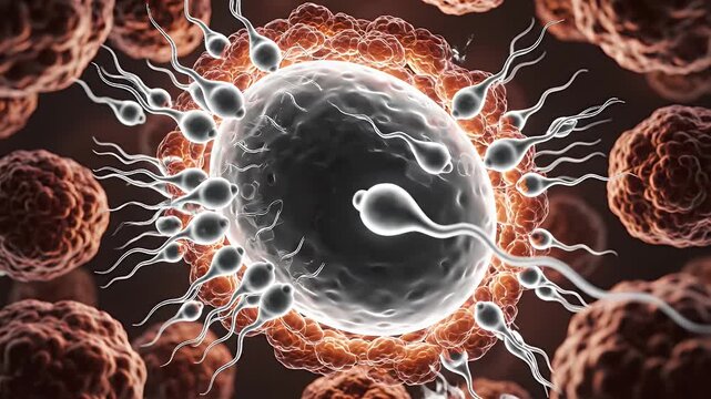 Close Up Microscopic View Of Sperm Cells Approaching Ovum Ready For Fertilization In Deep Space Darkness