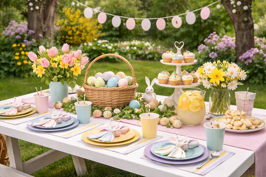 Outdoor Easter picnic table set with colorful eggs, cupcakes, and lemonade for holiday celebration. Spring season brunch party for family