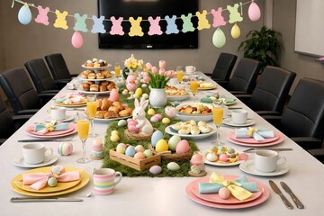 Easter-themed dining table setting with colorful eggs, festive decor, and a bunny centerpiece for a spring celebration. concept of holiday gathering, decorative table, easter joy