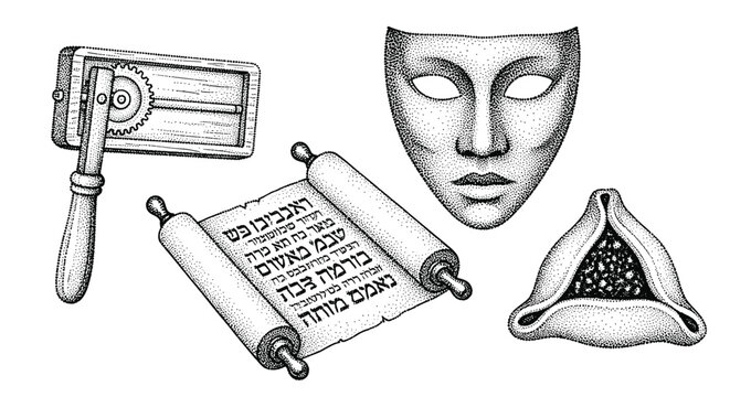 Purim symbols: gragger, scroll, mask, and hamantaschen cookie illustration