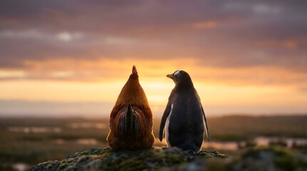 Unlikely Companions at Sunset &ndash; Rooster and Penguin Silhouettes Gazing at the Horizon, Surreal Friendship Concept