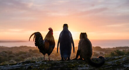 Three Unlikely Friends at Sunset &ndash; Rooster, Penguin, and Monkey Silhouettes Gazing at the Horizon