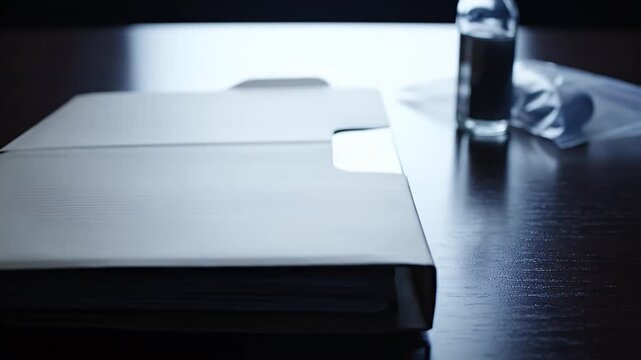 Close-up of a closed legal file folder on a dark wooden desk with dramatic lighting and a small bottle suggesting evidence or legal proceedings