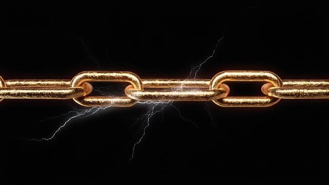 A detailed image of a gold chain being struck by lightning with a black background