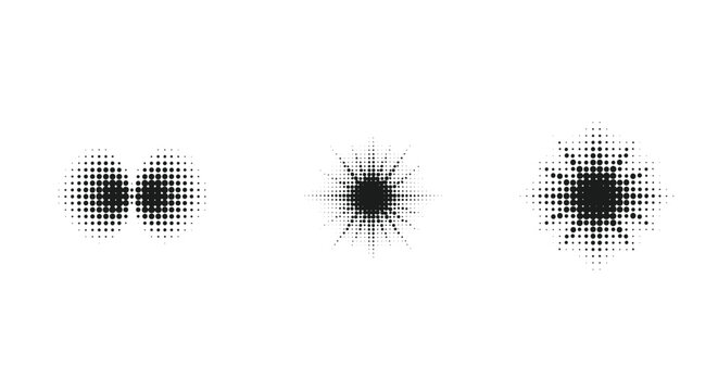 Abstract halftone dot patterns resembling eyes and starbursts on a white background