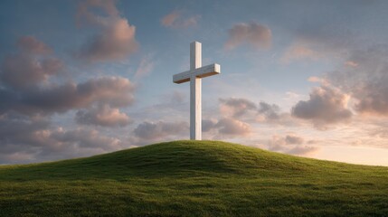 White Cross on Green Hill Under Dramatic Sky with Clouds at Sunset in a Peaceful Landscape Symbolizing Faith, Hope, and Spiritual Reflection