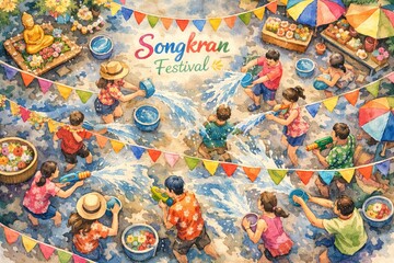 People celebrate Songkran Festival with water splashing ceremony. Children splashing water in a watercolor illustration for holiday greeting card