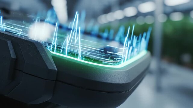Close up of a digital agriculture device screen displaying futuristic data analysis with glowing blue and green elements in a soft focus background