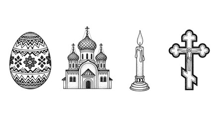 Obraz premium Collection of traditional Orthodox Christian symbols including an Easter egg, church, candle, and cross