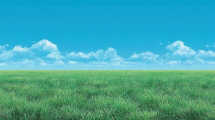 Expansive Green Grass Field Under Bright Blue Sky with Fluffy White Clouds for Nature and Outdoor Themes, Ideal for Landscaping and Tranquility Concepts