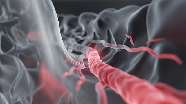Close Up Of A Human Nerve Fiber With Red Inflamed Areas In A Medical Animation Featuring Gray Tissues And A Dark Background