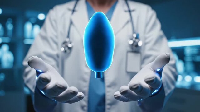 Doctor holding glowing 3D model of thyroid gland in medical laboratory.