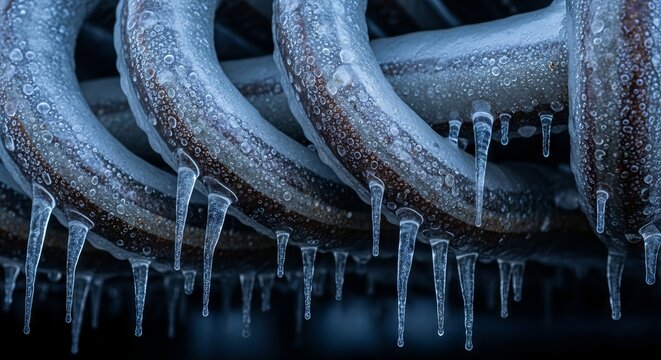 Close-up of frost-covered metal coils with icicles in winter concept of cold weather, ice formation, and seasonal change