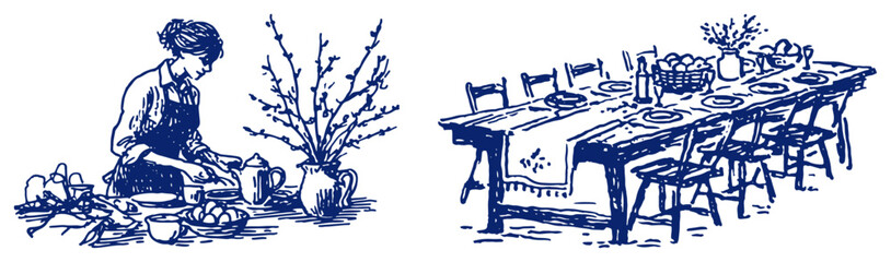 Classic blue ink sketches featuring a woman preparing food and a long set dinner table for a feast © Tomas
