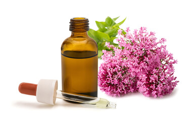 Red valerian flowers with Bottle  of essential oil