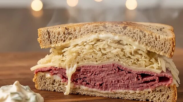 A mouthwatering, freshly prepared sandwich is showcased in a close-up shot, revealing rich layers of savory, thinly sliced meat, melted cheese, and tangy fermented cabbage, all nestled between perfect