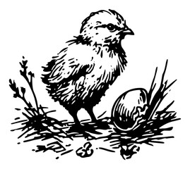 Obraz premium Detailed sketch of a small baby chick standing next to a hatched egg shell