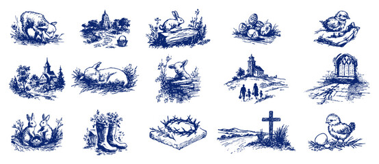 Large collection of Easter and spring religious icons in blue vintage ink style © Tomas