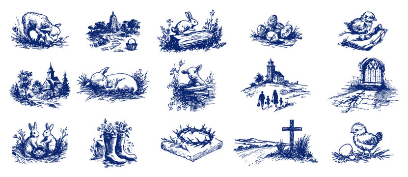 Large collection of Easter and spring religious icons in blue vintage ink style