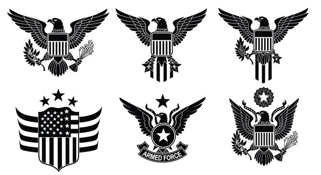 Collection of American eagle emblems and seals with patriotic symbols and military motifs