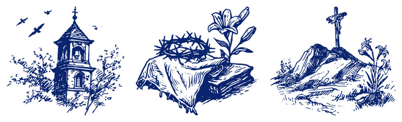 Religious easter sketches featuring a church tower crown of thorns with lily and cross on hill © Tomas