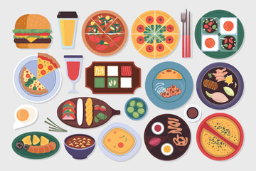 Colorful assortment of diverse global dishes and snacks in a playful illustration style