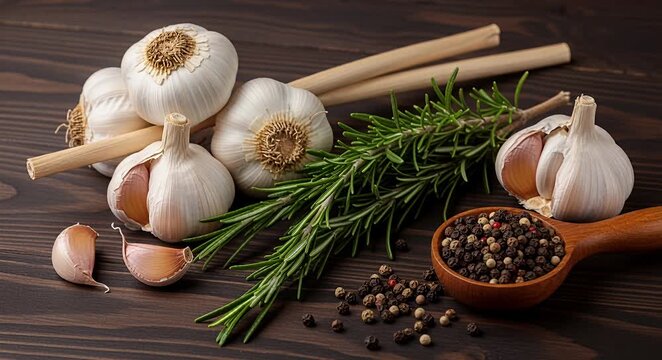 Arrangement of fresh garlic bulbs with rosemary sprigs and peppercorns garlic rosemary peppercorns, spice.