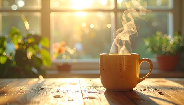 Steaming Coffee in Sunlit Kitchen During Calm Morning Ritual Feeling Cozy and Relaxed
