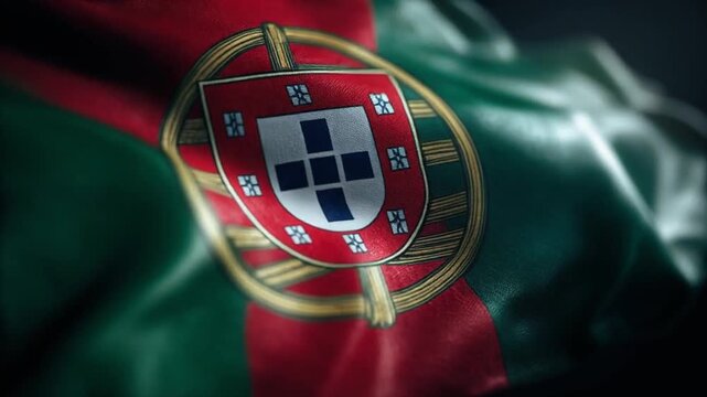 Close-up of a flag waving with detailed design on fabric, featuring a crest and vibrant colors