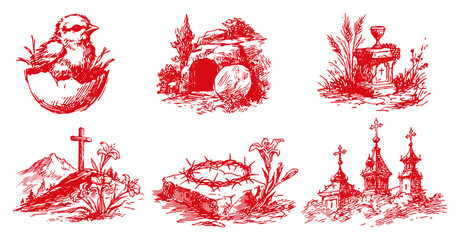 Collection of religious Easter icons and christian symbols in red ink style © Tomas