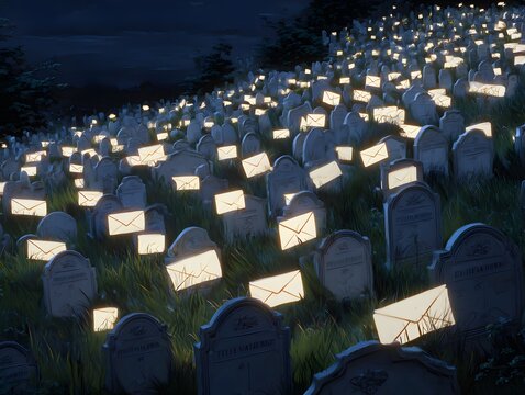 Night's Vigil: A haunting vista of tombstones illuminated by ethereal glow, with messages of remembrance and love flickering. The scene evokes a deep sense of peace, sorrow, and solemn reflection.